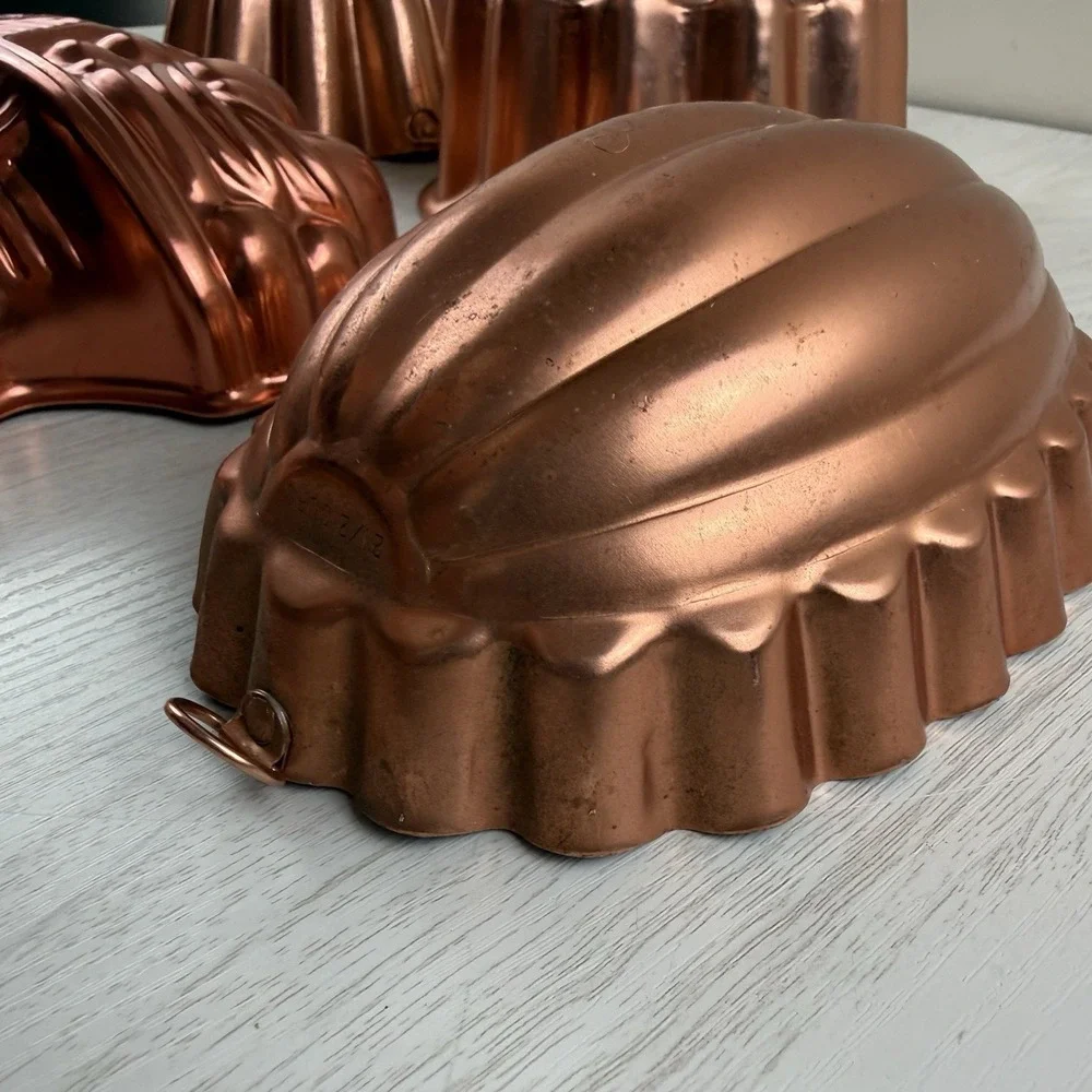 4 Vtg Copper Aluminum Jello Cake Molds Wall Hanging Fruit Basket Bunt Hobnail